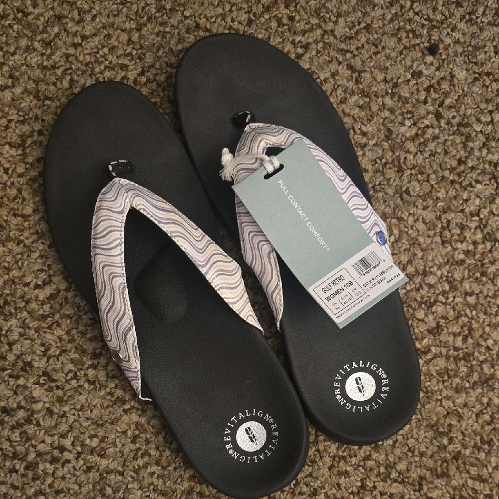 Revitalign Black Footbed Flip Flops with White & Lavender Wavy Straps Gulf Retro